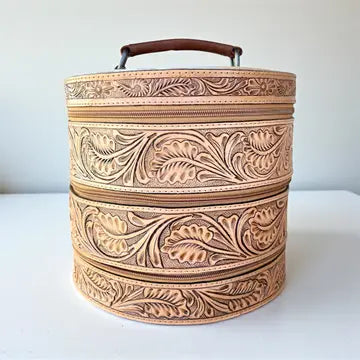Jewelry Case - Round Triple Decker w/Cowhide