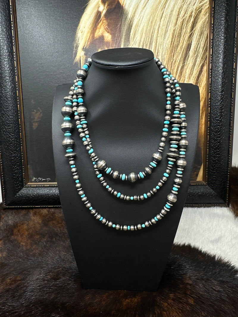 60" Saucer and Round Navajo Pearl Necklace with Turquoise