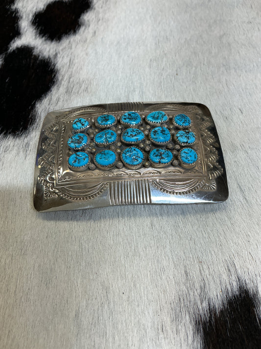 Sterling Silver w/15 Turquoise Stones Belt Buckle