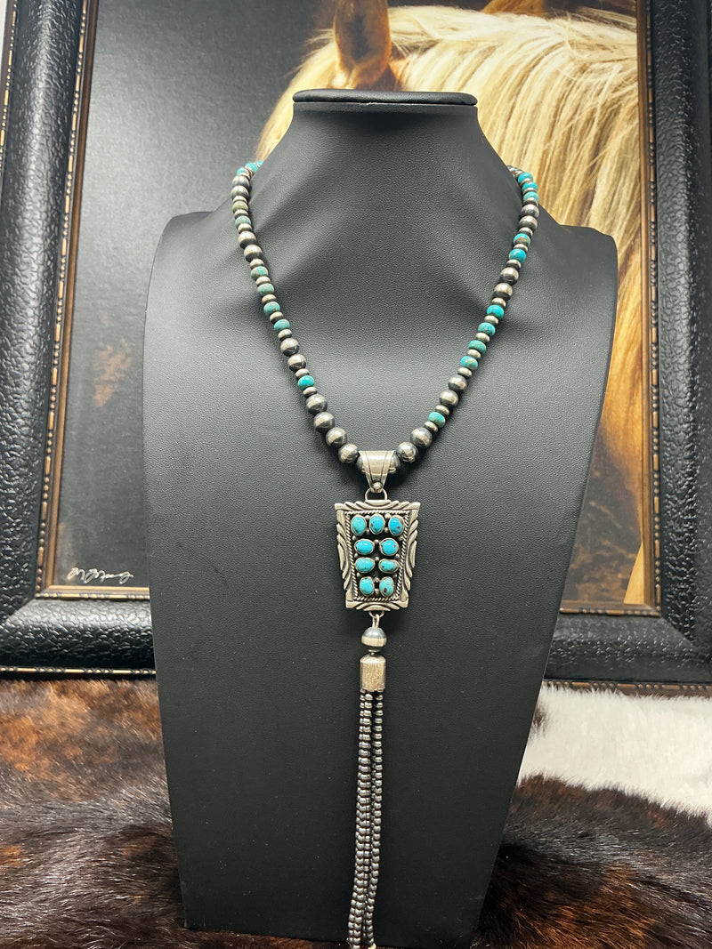 Navajo Pearls & Turquoise Necklace w/Turquoise Cluster Pendant & Chain Tassel