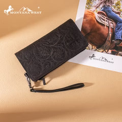 Montana West Genuine Leather Tooled Bi-Fold Wallet with Detachable Zippered Pocket