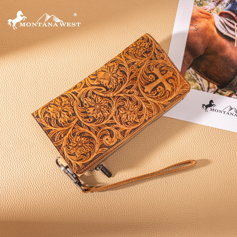 Montana West Genuine Leather Tooled Bi-Fold Wallet with Detachable Zippered Pocket