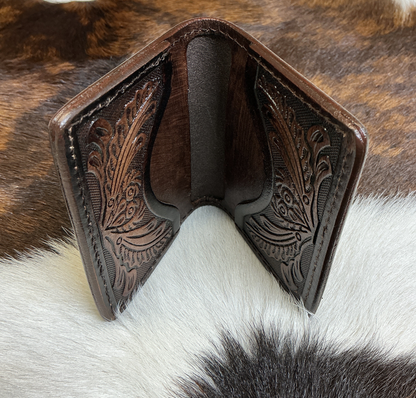 Bi-Fold Dark Brown Floral Carved Wallet
