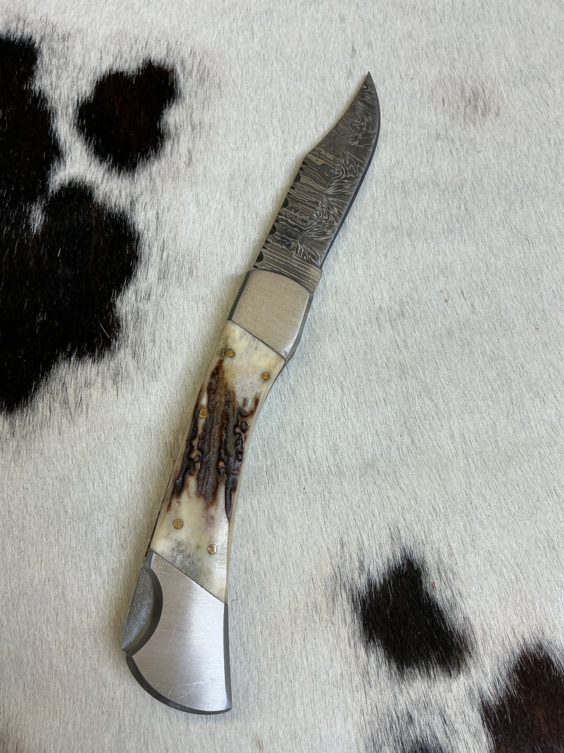 Damascus Blade Antler Handle Folding Knife