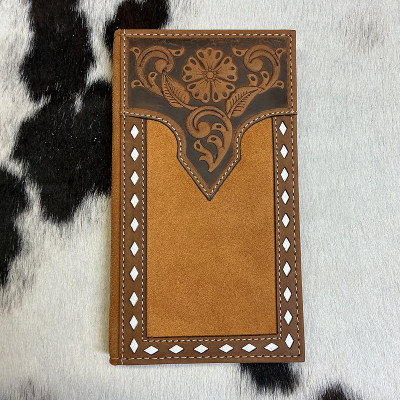 Roughout w/Floral & Buckstitch Checkbook Wallet