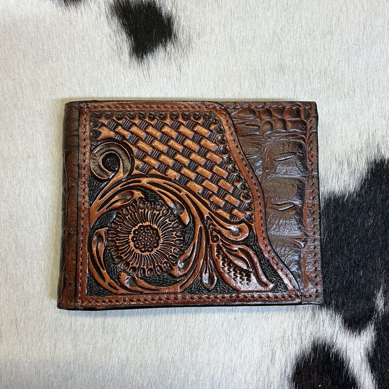 Bi-Fold Floral Carved w/Gator Print Wallet