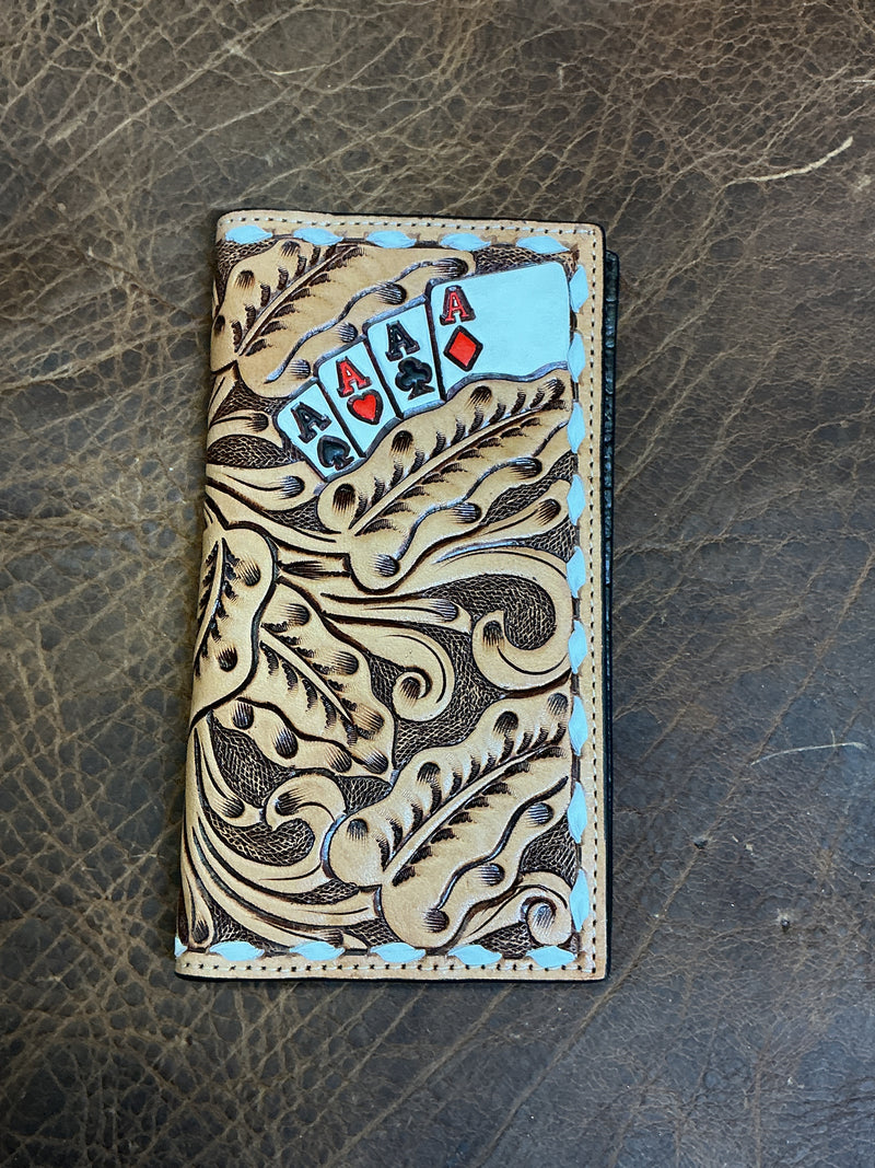 Floral Carved 4 Aces Wallet w/Buck Stitching