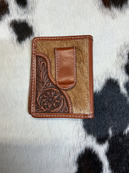 Hair-On w/Floral Carving Money Clip Wallet
