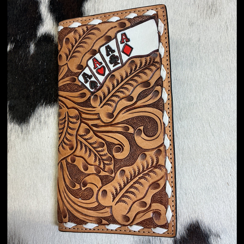 Floral Carved 4 Aces Wallet w/Buck Stitching