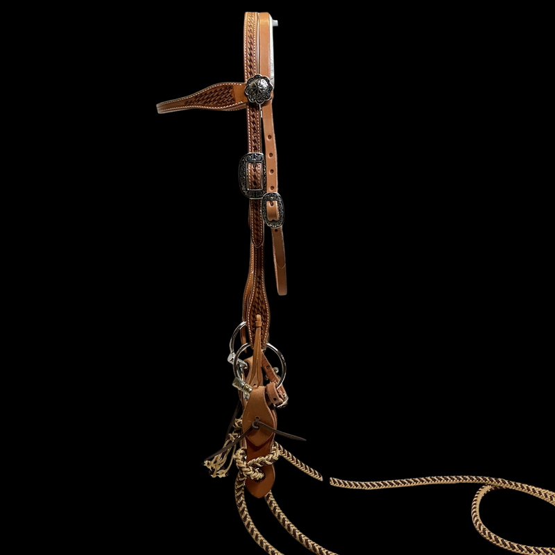Basket Stamped Browband Snaffle Bit Set Up