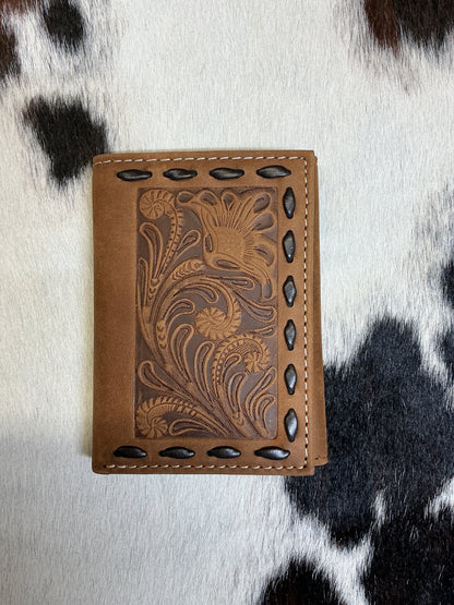 Trifold Wallet w/Floral Carving & Buck Stitching