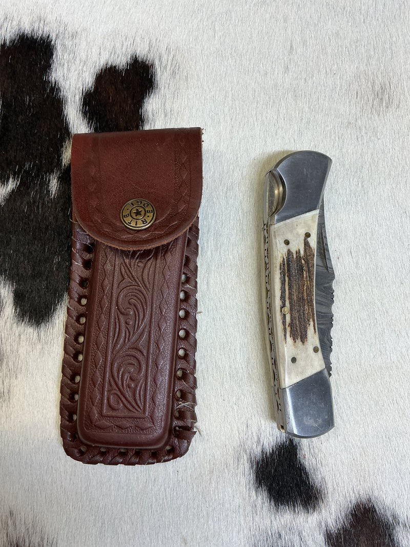 Damascus Blade Antler Handle Folding Knife