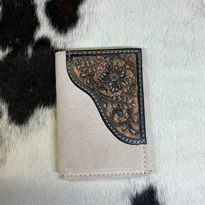 Roughout Tri-Fold Wallet w/Floral Carving