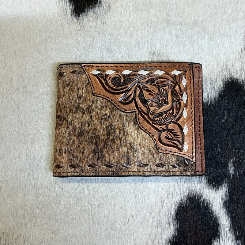 Bi-Fold Floral w/Cowhide & Buckstitch Wallet