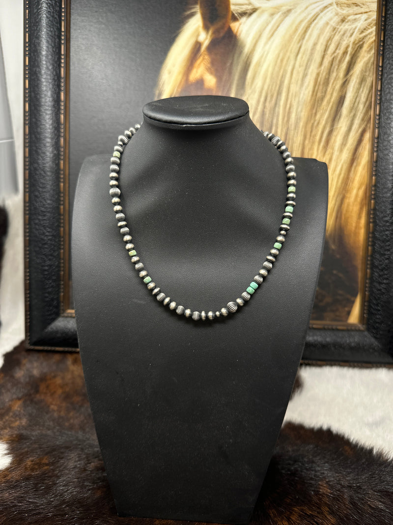 Navajo Pearl Stamped and Ridged Necklace with Turquoise