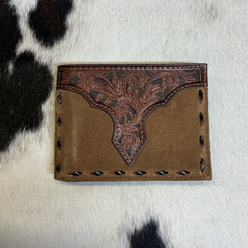Rough Out w/Buckstitching Bi-Fold Wallet w/Passcase