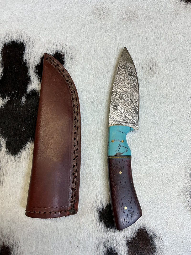 Wood & Turquoise Damascus Knife