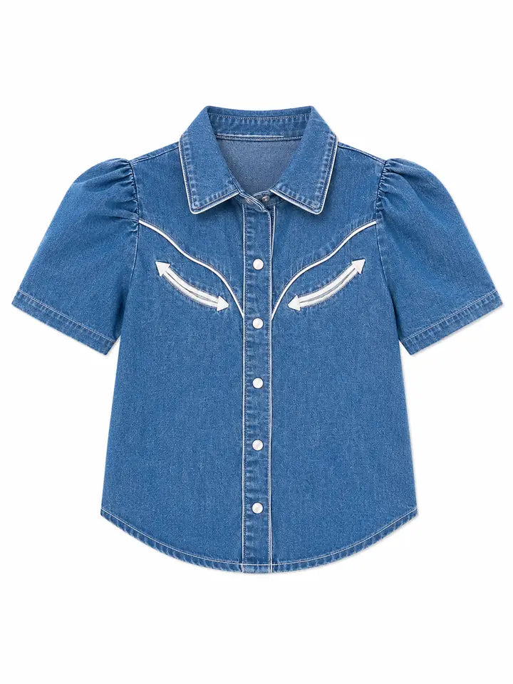 Girls Denim Short Sleeve Pearl Snap