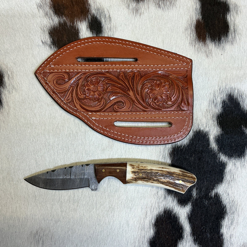 Fixed Blade Damascus w/Stag Horn & Wood