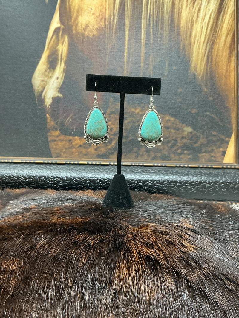 Sterling Silver w/Rope Edge & Turquoise Drop Earrings