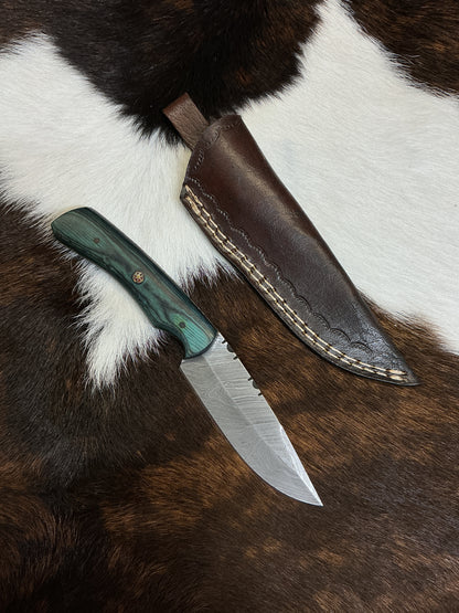 Fixed Blade Damascus Knife w/Blue Wood Handle