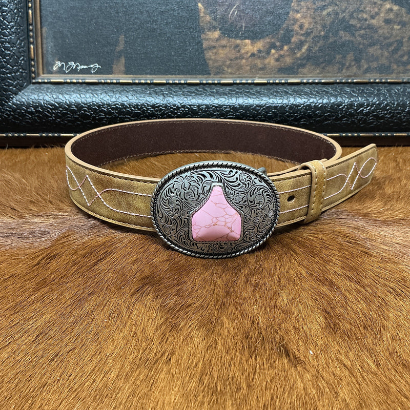 Light Brown w/Pink Stitching Kids Belt