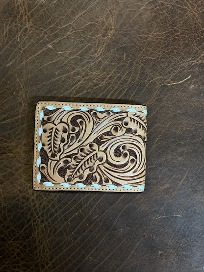 Bi-Fold Floral Carved 4 Aces Wallet w/Buck Stitching