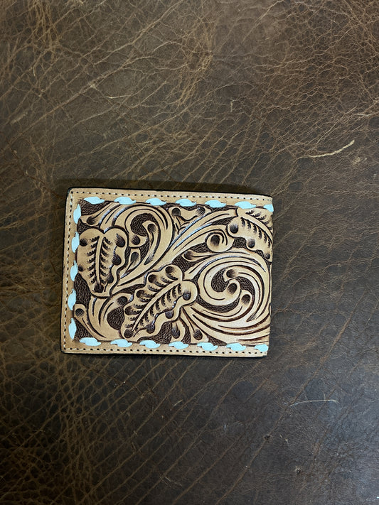 Bi-Fold Floral Carved 4 Aces Wallet w/Buck Stitching