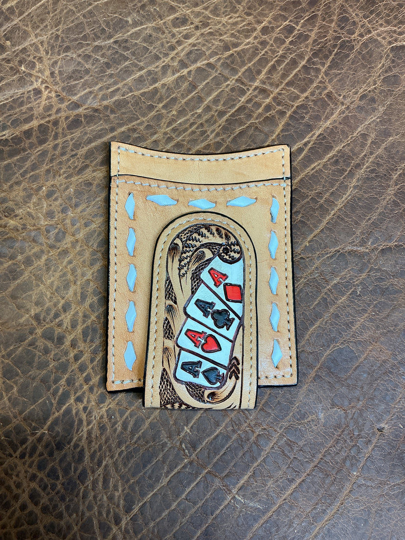 Floral Magnetic Clip Wallet w/4 Aces & Buck Stitching