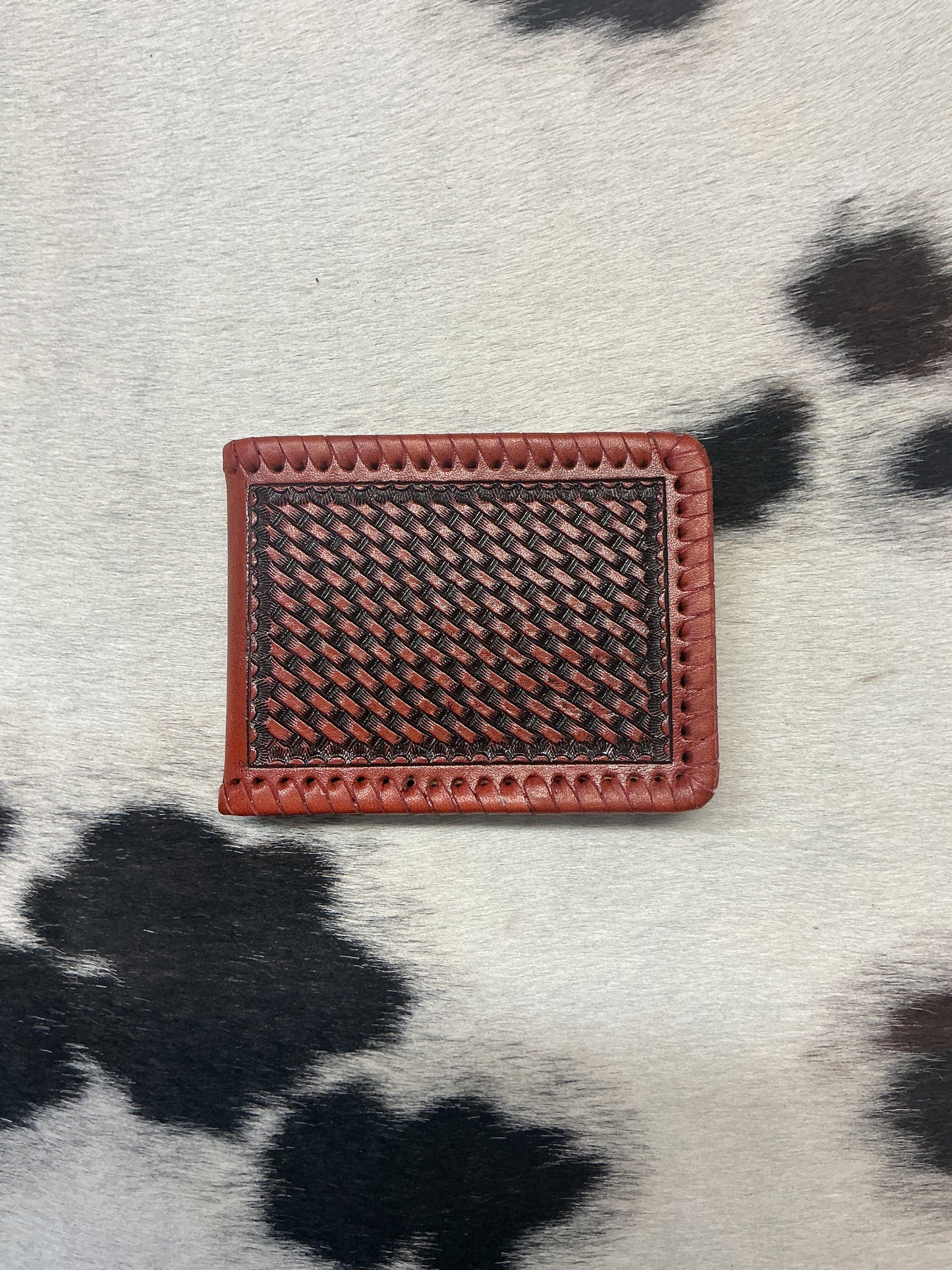 Basket Stamped Leather Wallet w/Money Clip