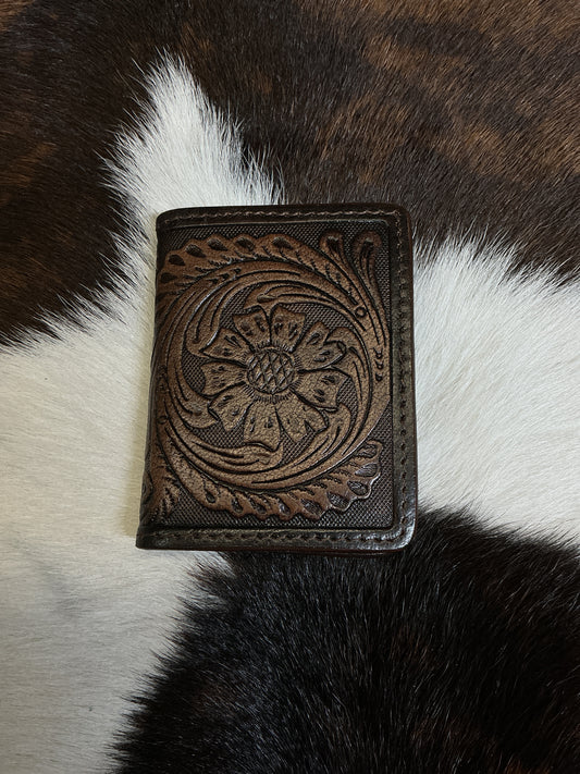 Bi-Fold Dark Brown Floral Carved Wallet
