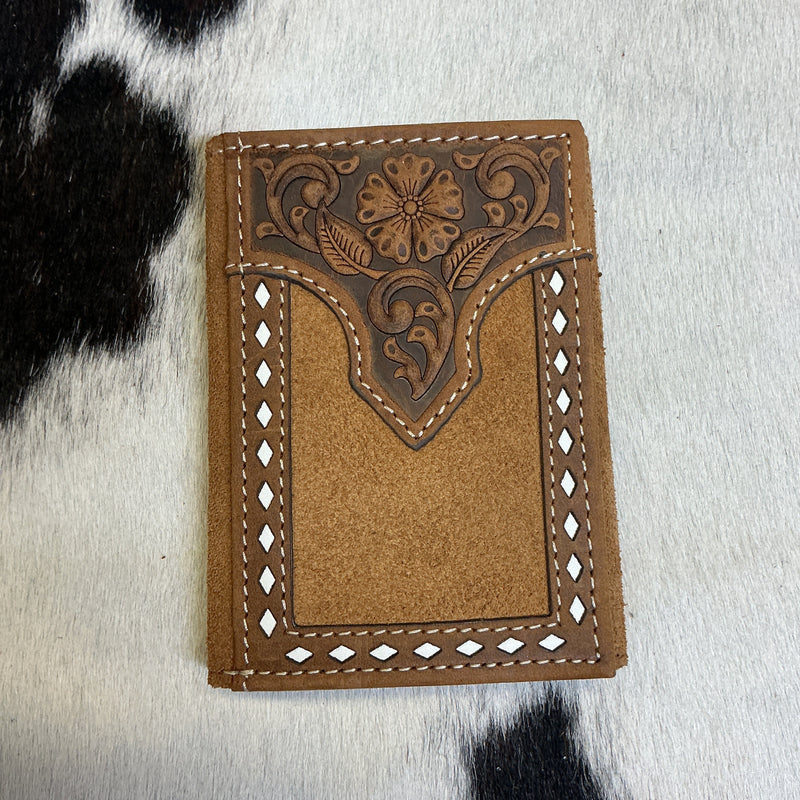 Tri-Fold Roughout Wallet w/Floral Carving & Buckstitching