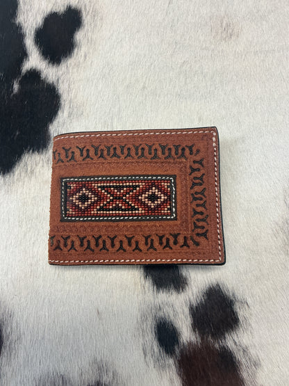 Bi-Fold Rough Out Wallet w/Carlos Border & Beading