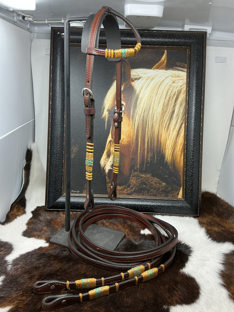 Leather w/Rawhide Single Ear Headstall & Split Reins