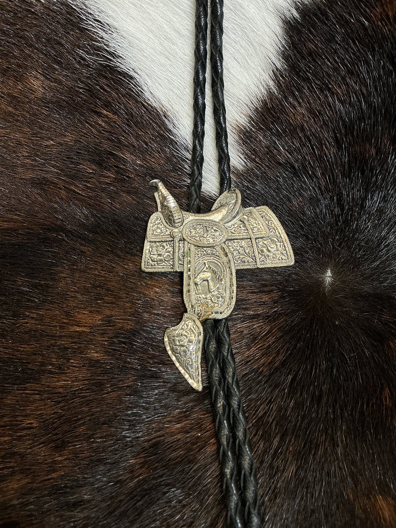 Vintage Sterling Saddle Bolo Tie w/Silver Boot Ends