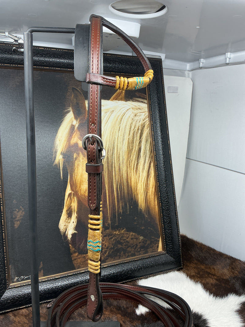 Leather w/Rawhide Single Ear Headstall & Split Reins