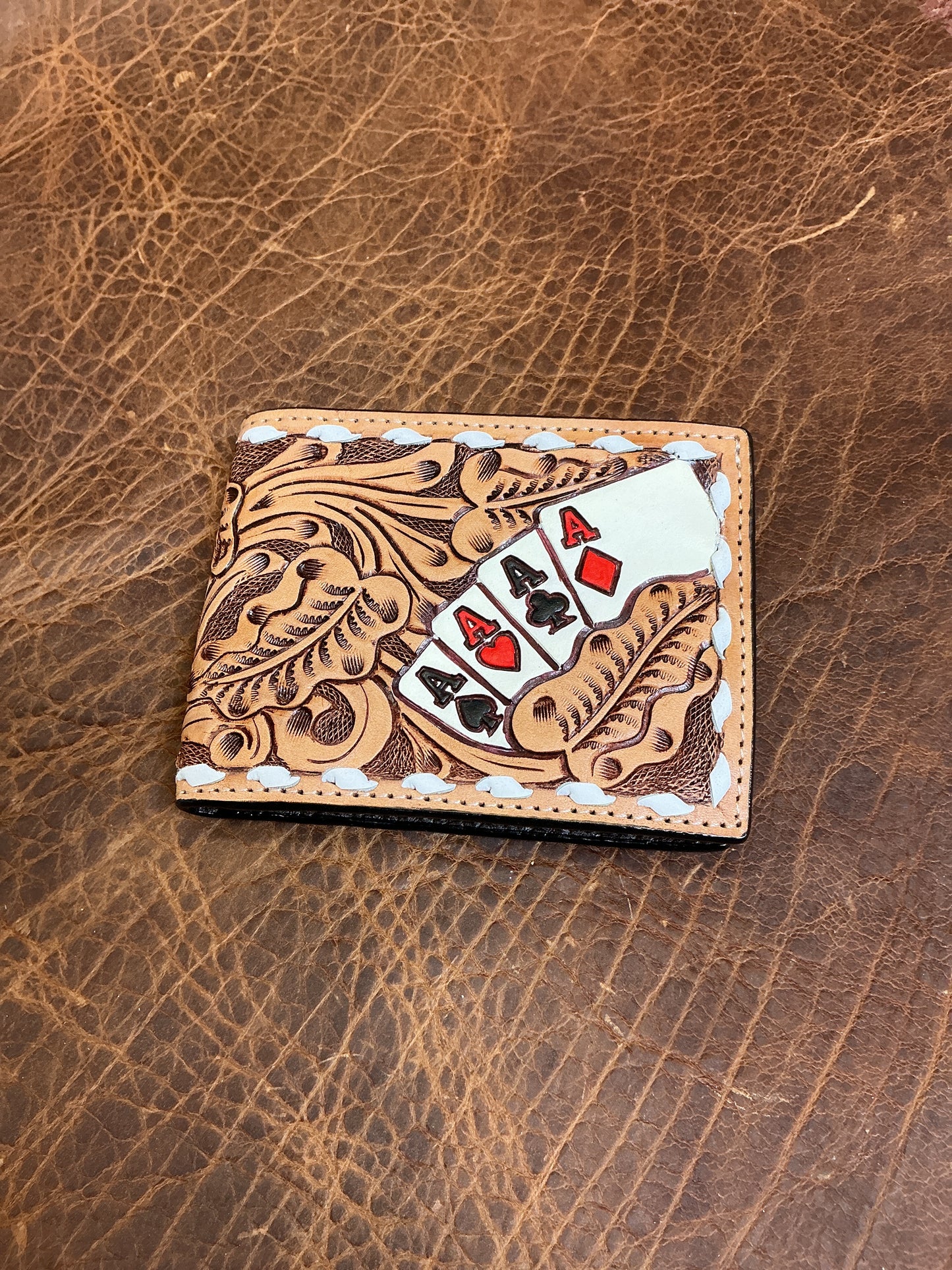 Bi-Fold Floral Carved 4 Aces Wallet w/Buck Stitching