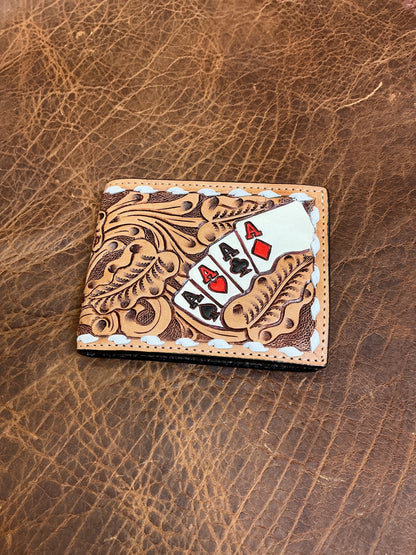 Bi-Fold Floral Carved 4 Aces Wallet w/Buck Stitching