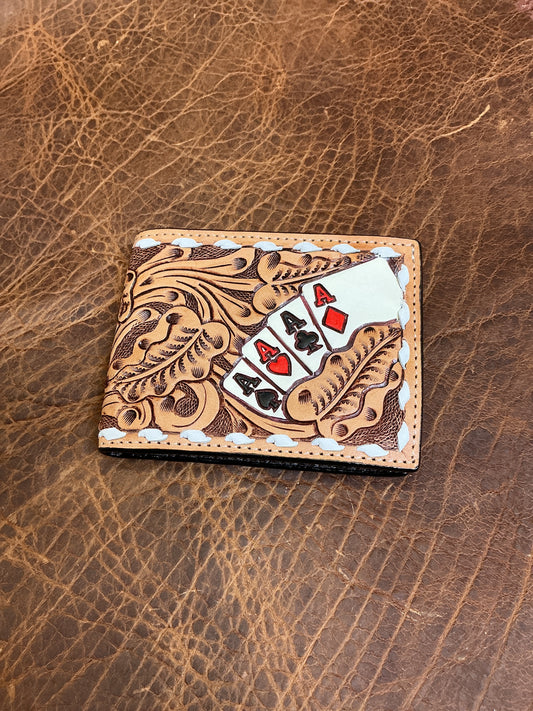 Bi-Fold Floral Carved 4 Aces Wallet w/Buck Stitching