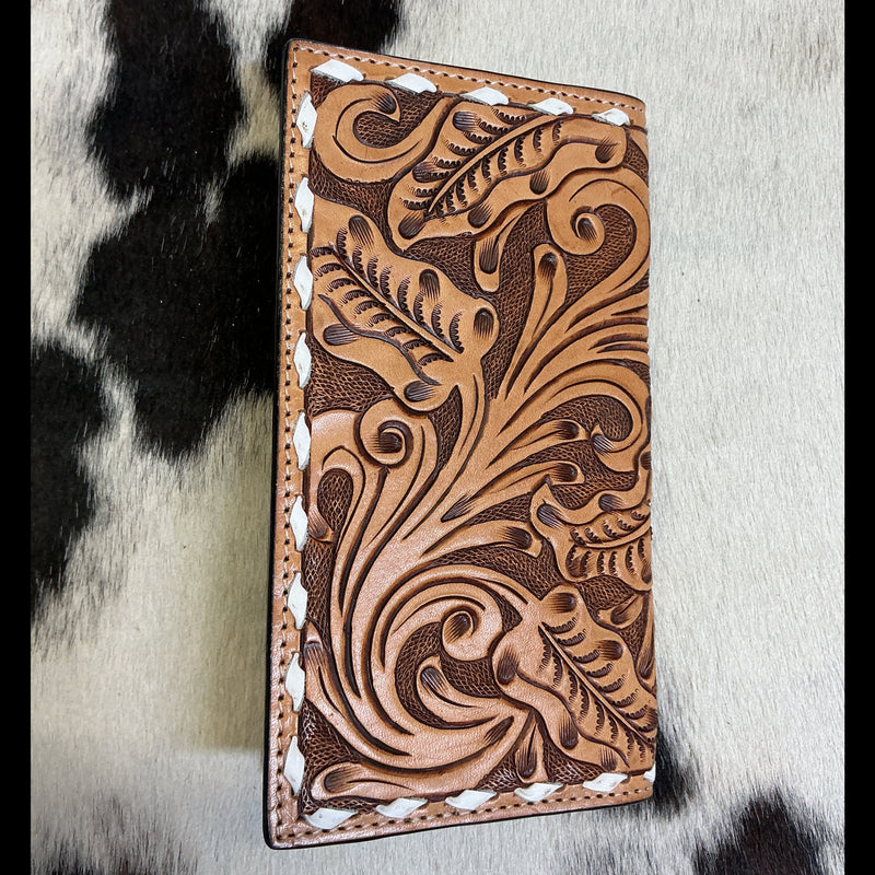 Floral Carved 4 Aces Wallet w/Buck Stitching