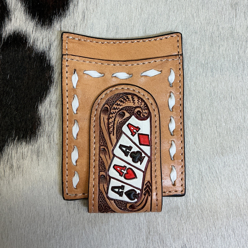 Floral Magnetic Clip Wallet w/4 Aces & Buck Stitching
