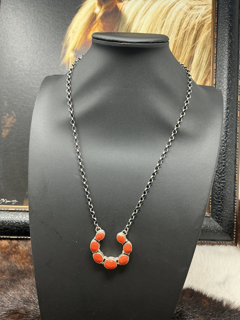 7 Stone Spiny Oyster Crescent Necklace