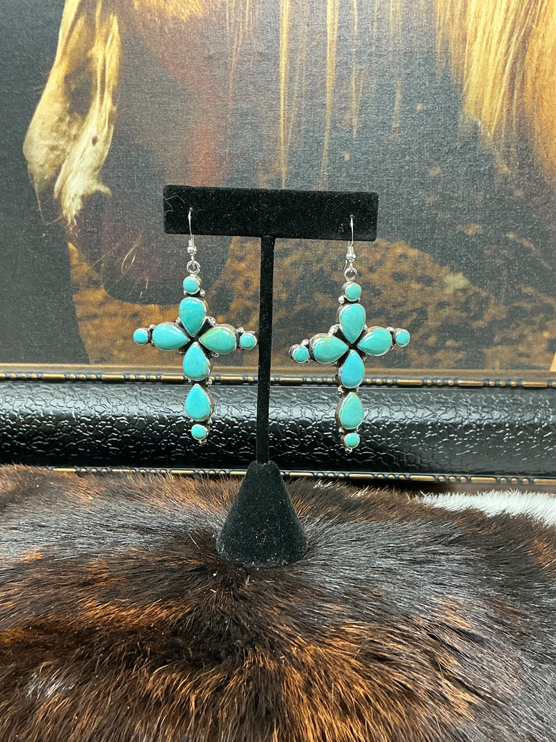 Sterling Silver w/9 Turquoise Stones Cross Earrings