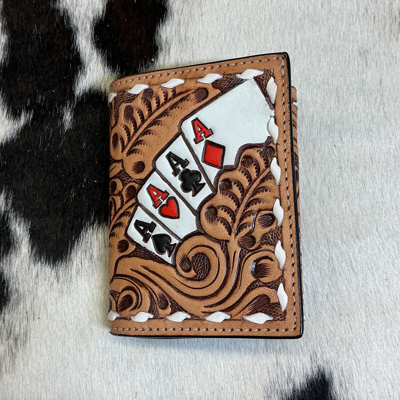 Tri-Fold Floral Carved 4 Aces Wallet w/Buck Stitching