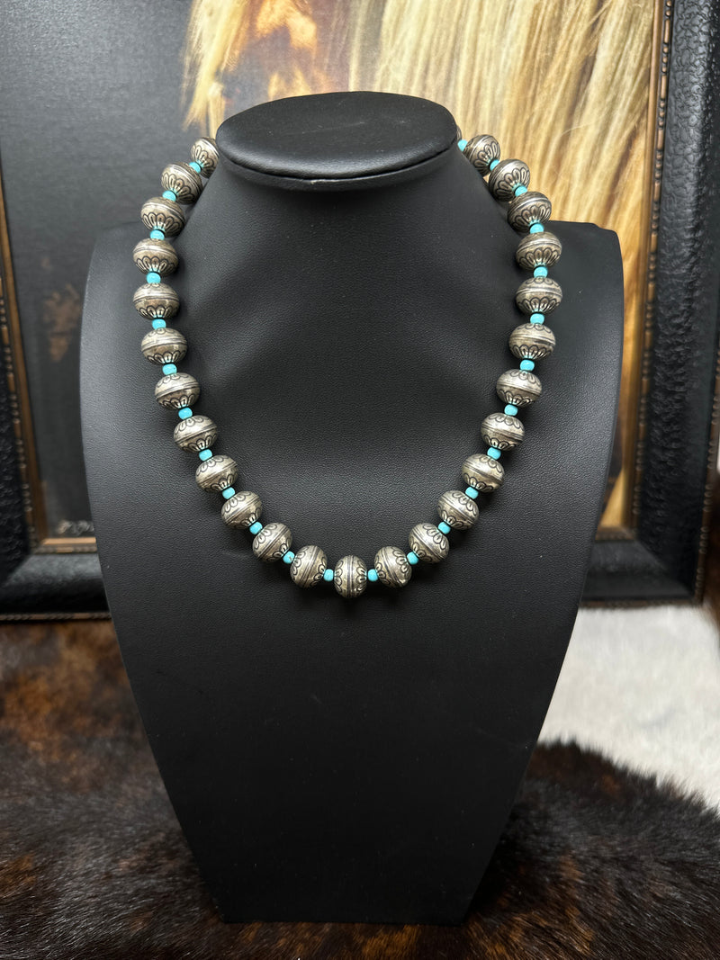 14mm Stamped Navajo Pearl Necklace with Turquoise