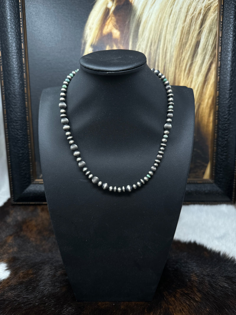 Navajo Pearl Stamped and Ridged Necklace with Turquoise