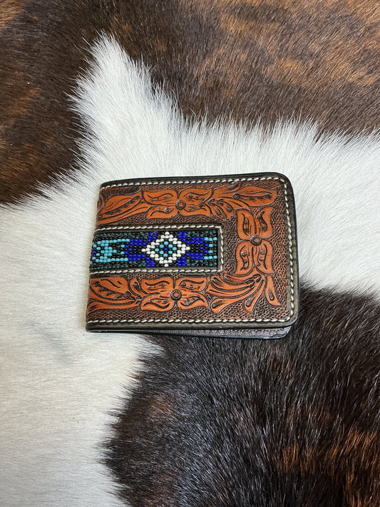 Bi-Fold Floral Carved Wallet w/Blue Beading