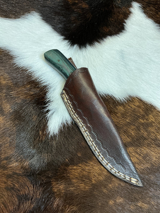 Fixed Blade Damascus Knife w/Blue Wood Handle