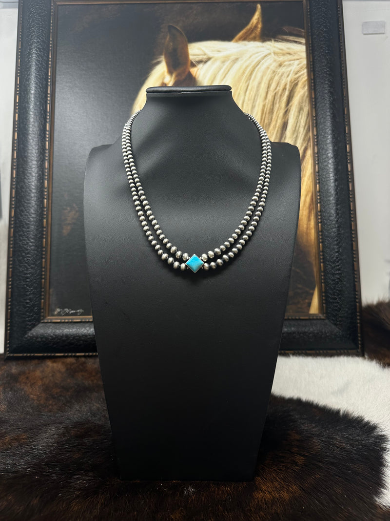 Navajo Pearl Necklace Double Strand with Turquoise