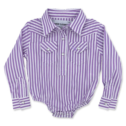 Purple & White Stripe Long Sleeve Pearl Snap Onesie & Shirt